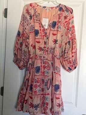Marissa Olivia Boho Floral Print Peasant Dress - Pink & Blue Size Large NWT 🌸